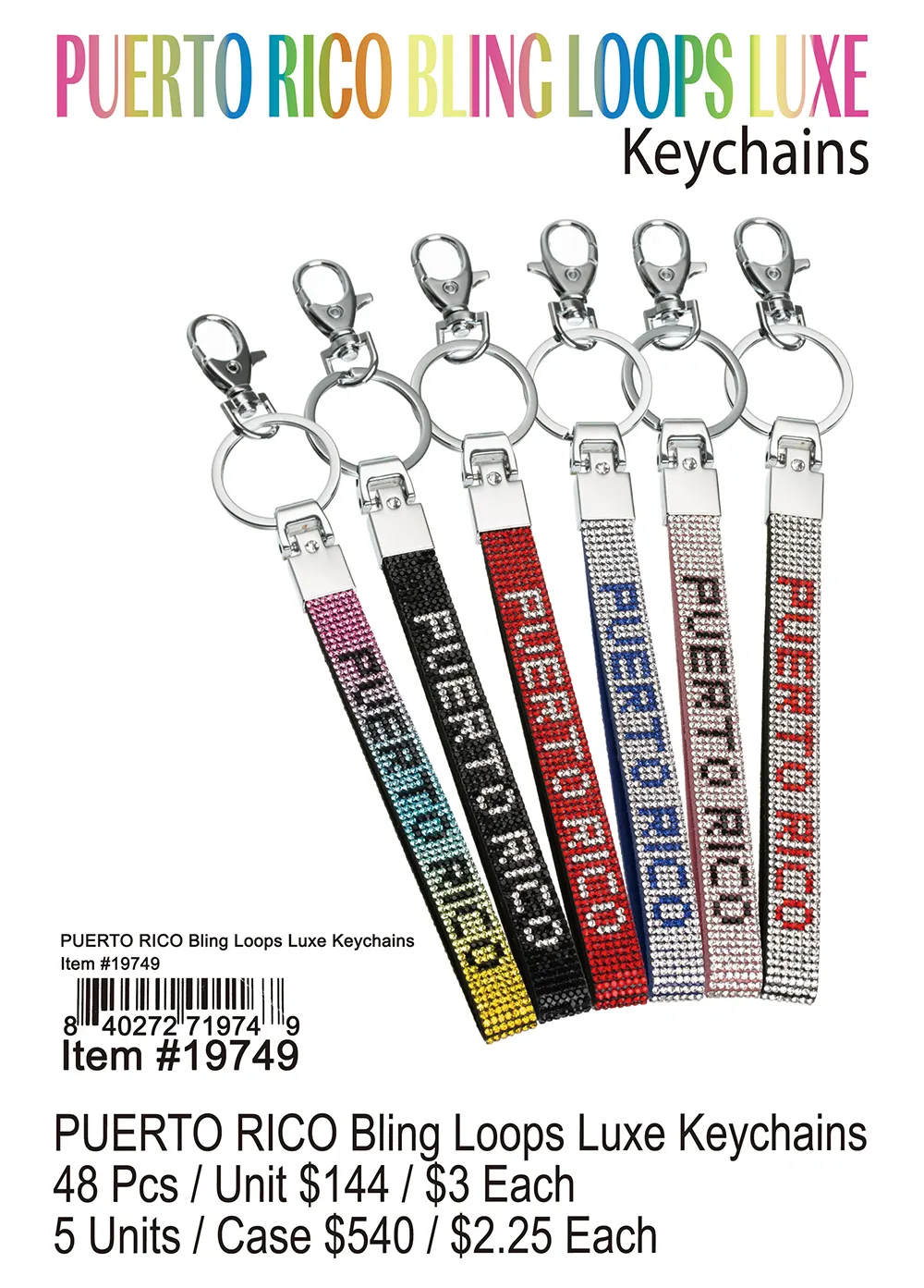 Puerto Rico Bling Loops Luxe Keychains 48 Pcs.